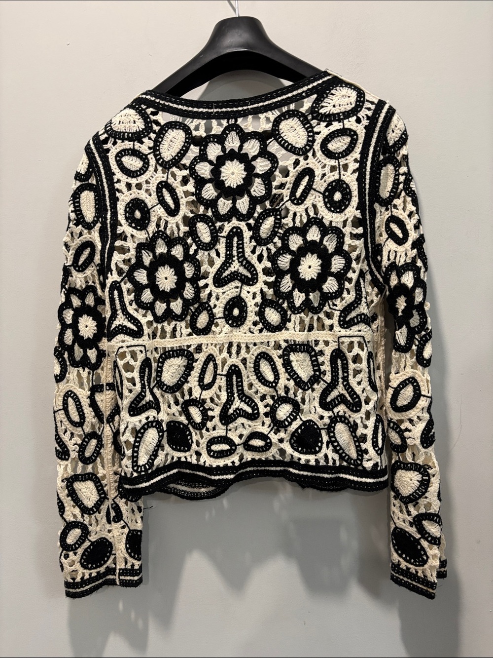Crochet Cardigan Black Cream Floral Boho Festival S/M Sweater - Picture 11 of 14